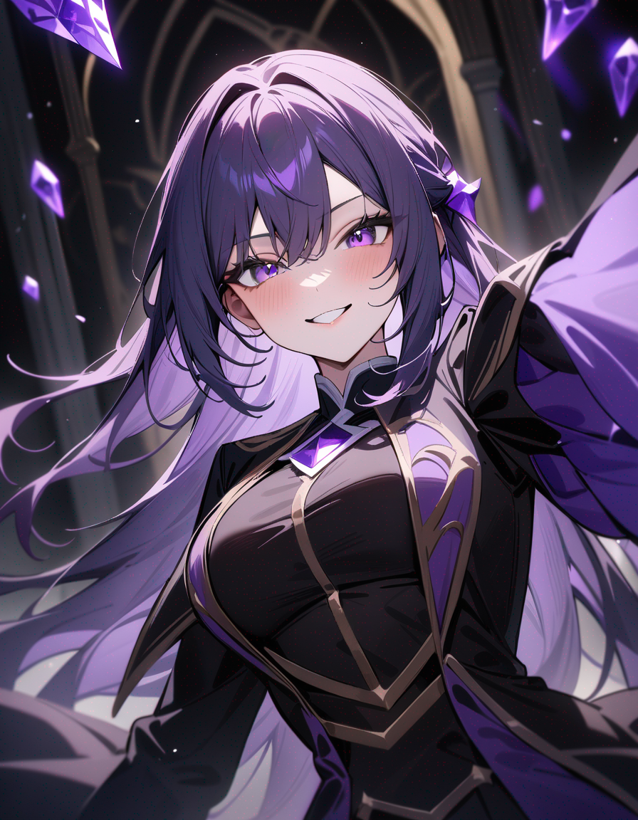 1girl, short purple hair, violet eyes, mysterious smile, dark kingdom uniform, black and purple villain outfit, dark crystal accessories, elegant pose, single character, upper body, looking at viewer, anime style, dark palace background